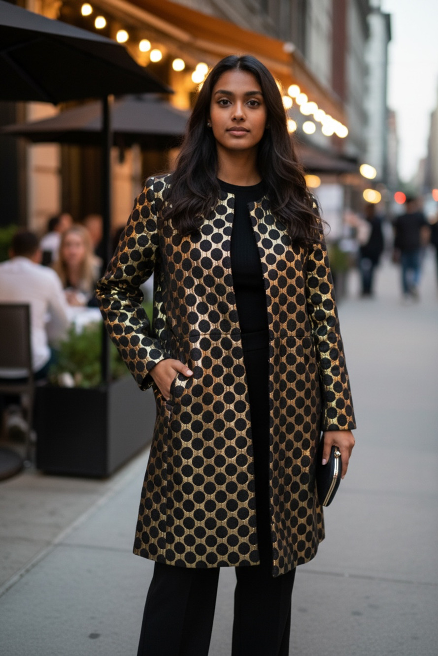 Black Label by Chico's Black Gold Polka Dot Evening Coat Size 2